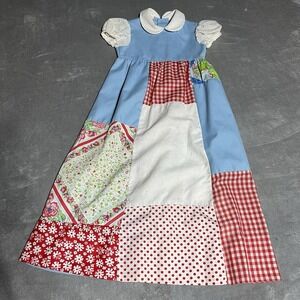 Vintage Patchwork Handmade Dress Girls 8 Floral Peter Pan Collar 70s